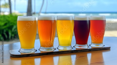 A table with five different colored glasses of beer on it. The glasses are arranged in a row, with the lightest beer on the left and the darkest on the right. The table is set on a wooden surface photo