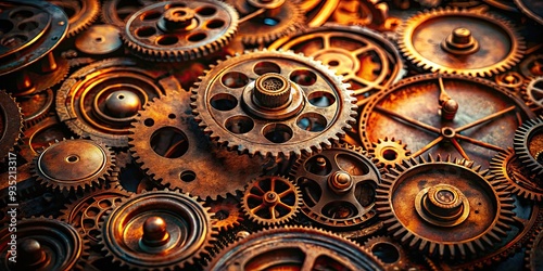 Rusty mechanical parts with intricate gears, close-up shot, high contrast, dramatic lighting, metallic sheen, industrial chic