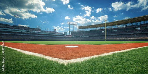 Vibrant Baseball Diamond on Lush Green Field: Abstract Aerial View of Sports Arena. Minimalist Composition with Elegant Design Elements for Sports Marketing, Event Promotions, and Athletic Facility Br