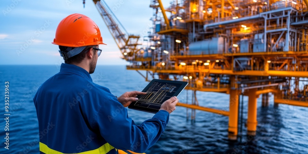 Man wearing orange hard hat and blue work uniform holding tablet near well-lit offshore oil platform with ocean backdrop. Technology integration in industrial work concept Man wearing orange hard hat and blue work uniform holding tablet near well-lit offshore oil platform with ocean backdrop. Technology integration in industrial work concept