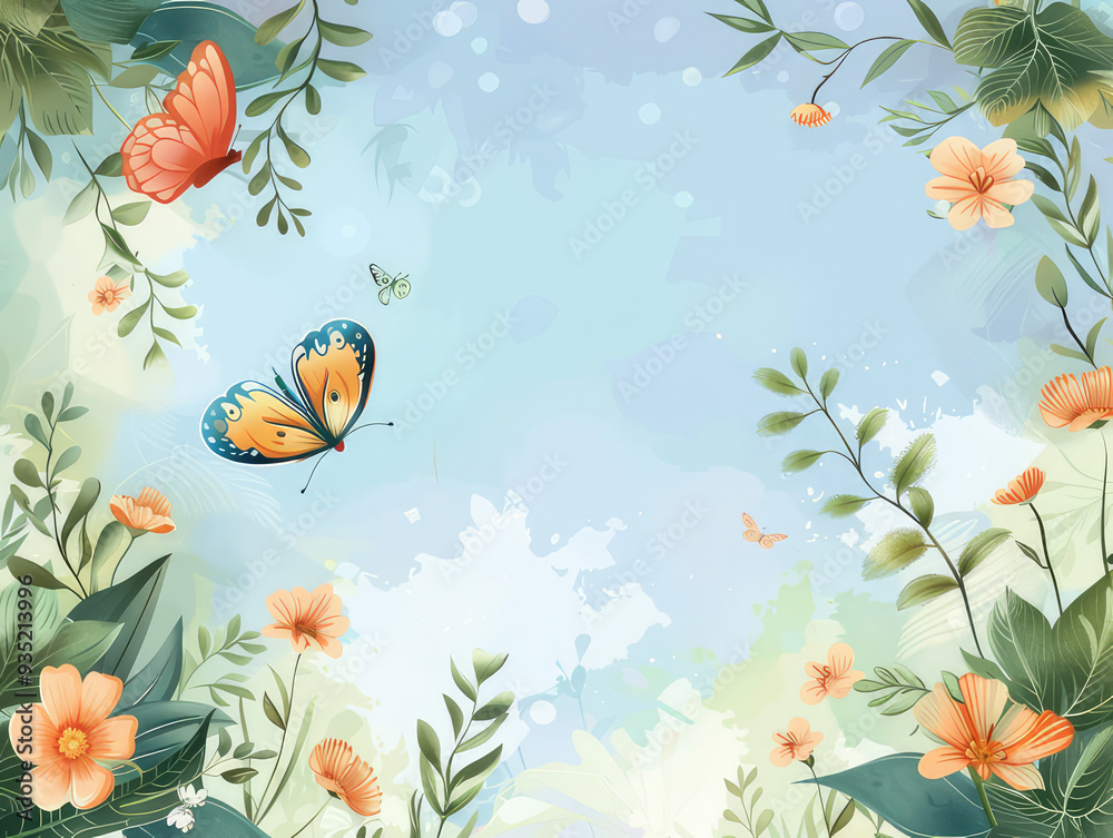 pastel white background with copy space flowers butterfly and plants pastel white background with copy space flowers butterfly and plants
