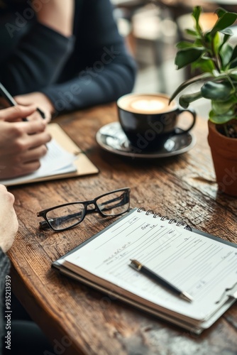 A career advisor and a client meet in a cozy office to discuss career goals over coffee, with career documents and notes