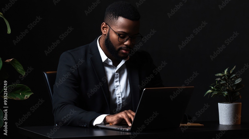 Man in suit focused on laptop work in dark office Man in suit focused on laptop work in dark office