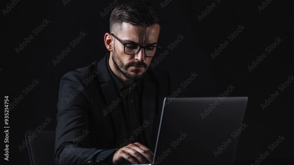 Man in dark office working on laptop, focus on task Man in dark office working on laptop, focus on task