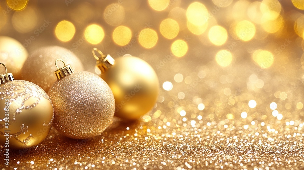 Golden Glow of Christmas: Shimmering Christmas ornaments nestle in a bed of sparkling gold glitter, bathed in the warm glow of fairy lights. Golden Glow of Christmas: Shimmering Christmas ornaments nestle in a bed of sparkling gold glitter, bathed in the warm glow of fairy lights.