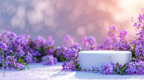 1. Product display stand surrounded by vibrant purple flowers with a blurred background, 3D render, creating a serene and elegant setting for showcasing products
