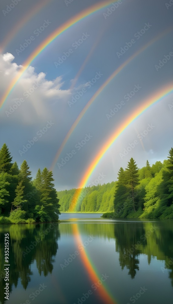 Rainbow Double Over Lake Natural Spectrum Reflections on Water Surrounded by Trees