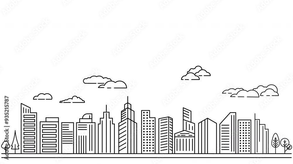 City, buildings outline animated isolated on white background