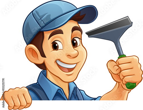 A window cleaner or car wash cleaning cartoon mascot man holding a squeegee washing tool