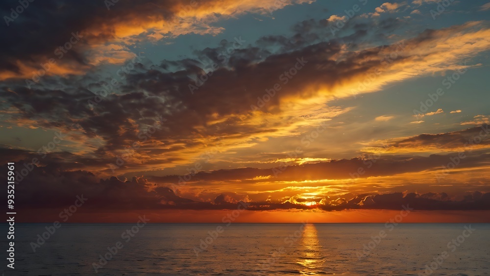 Fototapeta premium Seaside shores evening view with sun on a beautiful orange sunset, oceanic view under clear sky full of different shaped clouds