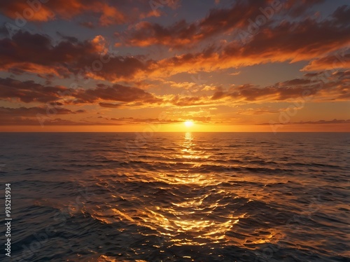 Seaside shores evening view with sun on a beautiful orange sunset, oceanic view under clear sky full of different shaped clouds