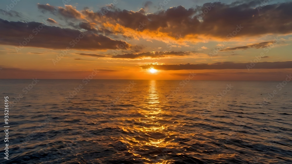 Seaside shores evening view with sun on a beautiful orange sunset, oceanic view under clear sky full of different shaped clouds Seaside shores evening view with sun on a beautiful orange sunset, oceanic view under clear sky full of different shaped clouds