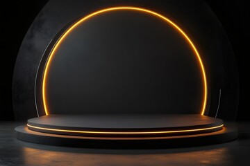 3d rendering background of a round black platform illuminating with orange neon light for showcasing and presentation