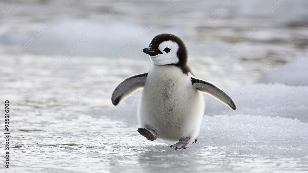 Naklejka premium Adorable Baby Penguin waddling on ice 