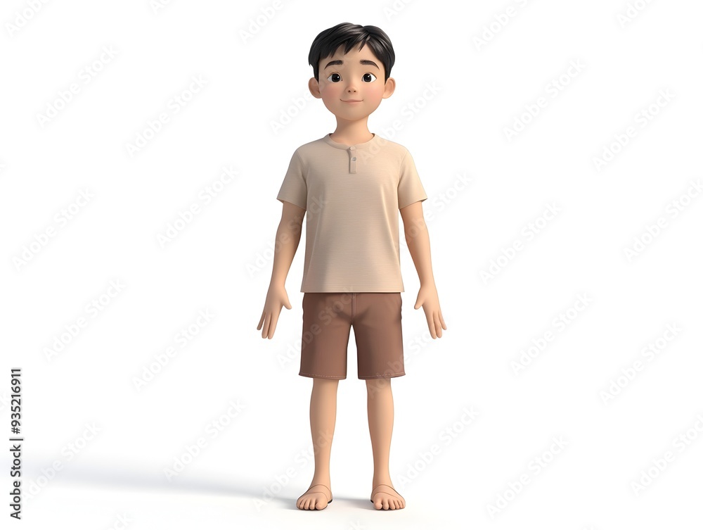 Cheerful 3D Animation of a Smiling East Asian Boy Aged 6 8 Years Old Standing Centered on a Plain White Background Cheerful 3D Animation of a Smiling East Asian Boy Aged 6 8 Years Old Standing Centered on a Plain White Background