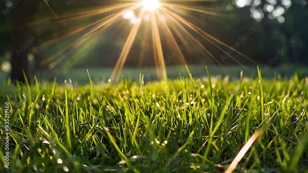 Sunlight shine from top of landscape close-up view of grass on ground, fresh morning summer vibe image, nature and plants
