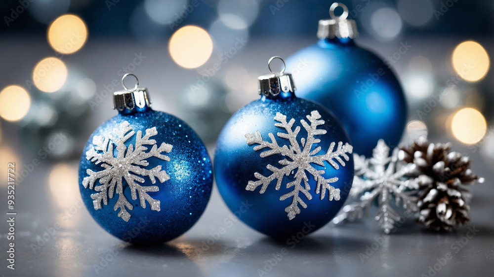 Elegant blue Christmas ornaments with silver snowflake designs, holiday decorations, and bokeh lights. Elegant blue Christmas ornaments with silver snowflake designs, holiday decorations, and bokeh lights.