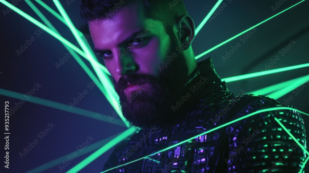 Obraz premium Modern man in futuristic attire with laser effects