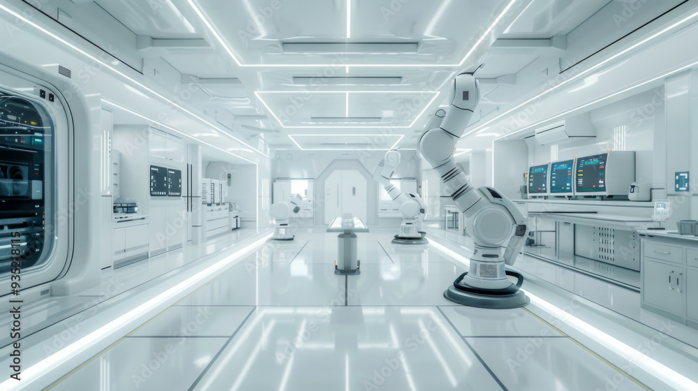 Obraz premium white futuristic digital laboratory interior in semiconductor manufacturing factory with machine, computer screen and robotic arms