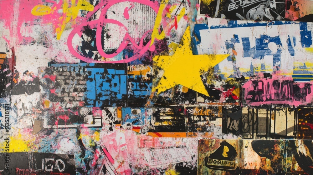 A wall covered in colorful graffiti, stickers, and posters. A wall covered in colorful graffiti, stickers, and posters.