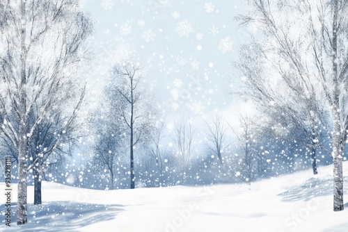 Winter scene showcasing trees with animated digital snowflakes gently falling photo