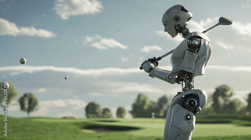 Robot Golfer Swinging Club: A robot golfer in mid-swing, sending a golf ball soaring over a pristine course.
Robot Golfer Swinging Club: A robot golfer in mid-swing, sending a golf ball soaring over a pristine course.