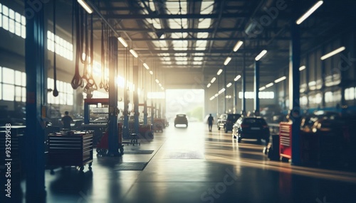 Wallpaper Mural Abstract blur of a modern car garage interior, with indistinct shapes of vehicles and equipment, softly defocused to create a sense of motion and activity in an auto repair workshop Torontodigital.ca