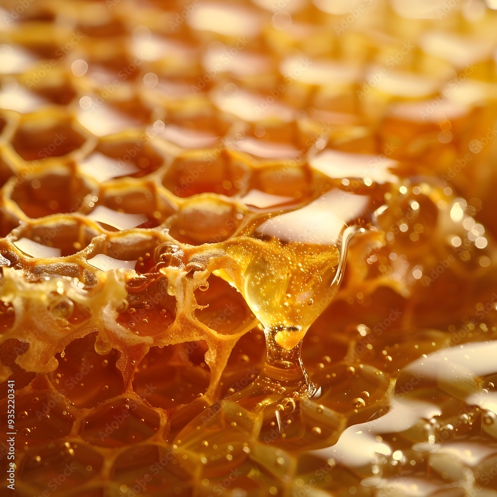 Dripping Honeycomb with Detailed Texture and Golden Hues Soft Focus Background Honey Products Concept Dripping Honeycomb with Detailed Texture and Golden Hues Soft Focus Background Honey Products Concept