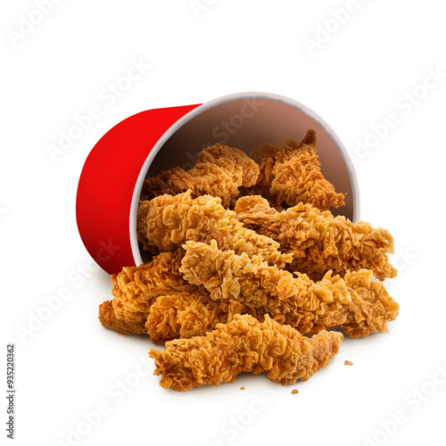 Fried Chicken hot crispy strips crunchy pieces of tenders in a Bucket - large Red box isolated in white background	