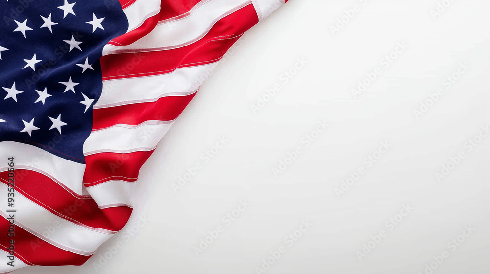 A United States flag elegantly drapes across a smooth, neutral background, highlighting the bold red and white stripes along with the blue field of stars, copy space A United States flag elegantly drapes across a smooth, neutral background, highlighting the bold red and white stripes along with the blue field of stars, copy space