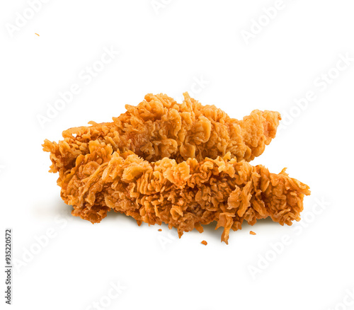 Fried Chicken breast hot crispy strips crunchy chicken tenders Two pieces isolated on a white background