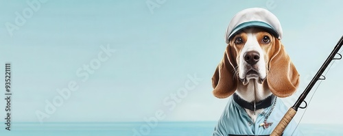 A basset hound in a fisherman s uniform, holding a fishing rod, coastal landscape, watercolor style, serene atmosphere