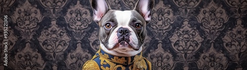 A French bulldog in a royal guard s uniform, baroque style, ornate background, rich textures, regal pose photo