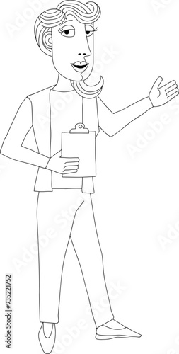 A woman with a clipboard pointing out or showing something business illustration. In an original abstract cubist flat modern cartoon style.