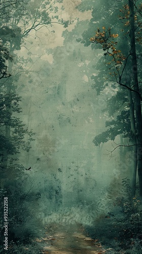 Soft, faded forest landscape with a blank space in the middle for text