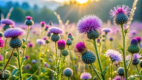 Vibrant wildflower thistle meadow morning dew shallow depth of field bright colors lively atmosphere eye-level shot wide-angle lens lush greenery abstract expression