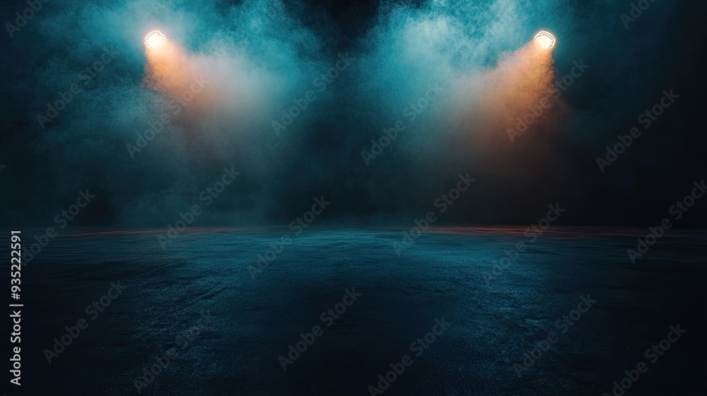 Dark empty room with concrete floor, neon lights and smoke. Abstract background Dark empty room with concrete floor, neon lights and smoke. Abstract background