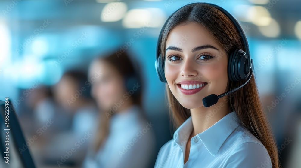 Happy Customer Service Representative Wearing Headset in Office Happy Customer Service Representative Wearing Headset in Office