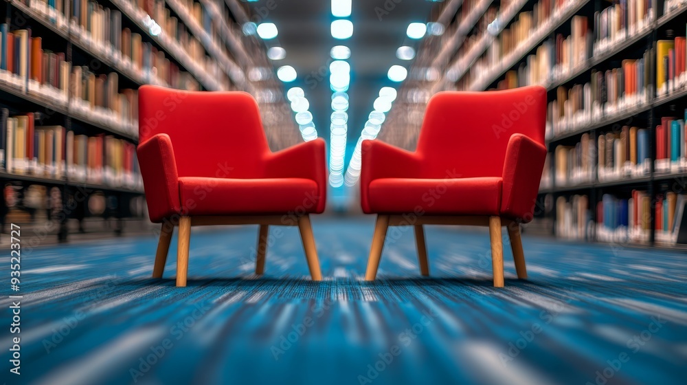 Obraz premium Red Armchairs in a Blurred Library Setting