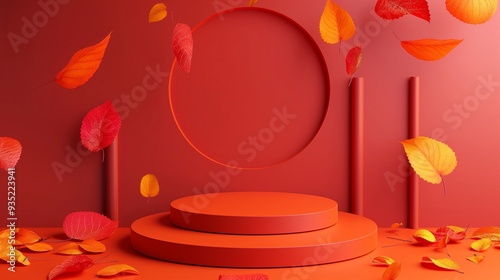 3d rendering of a minimalist scene with a double red podium surrounded by falling autumn leaves, perfect for showcasing autumn products photo