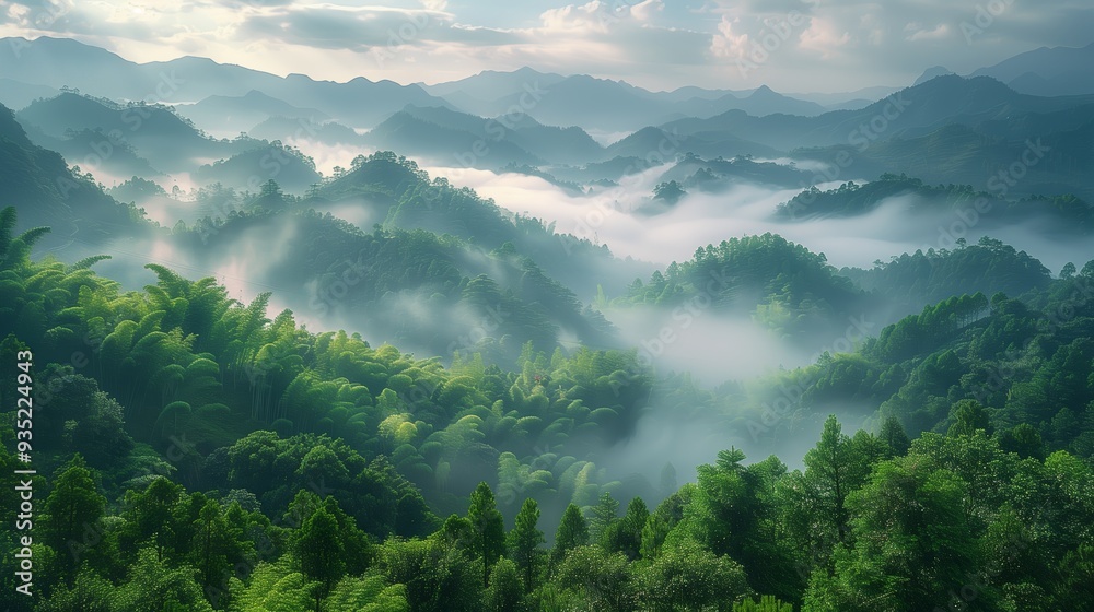 Majestic Mountain Range Covered in Mist During Early Morning Sunrise in Lush Green Forest Majestic Mountain Range Covered in Mist During Early Morning Sunrise in Lush Green Forest