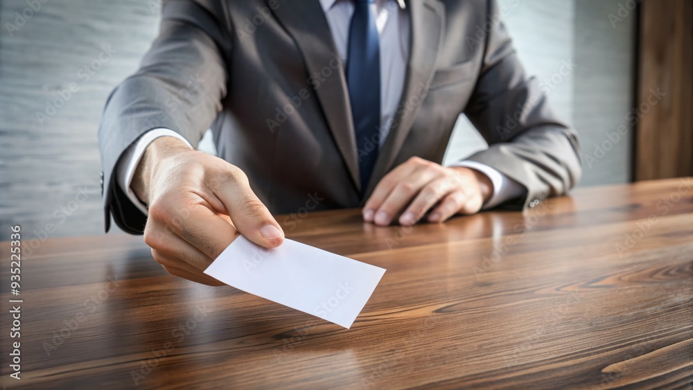 A decisive hand reaches out to grasp a sleek, modern business card from a polished wooden desk, conveying confidence and professionalism in a networking setting. A decisive hand reaches out to grasp a sleek, modern business card from a polished wooden desk, conveying confidence and professionalism in a networking setting.