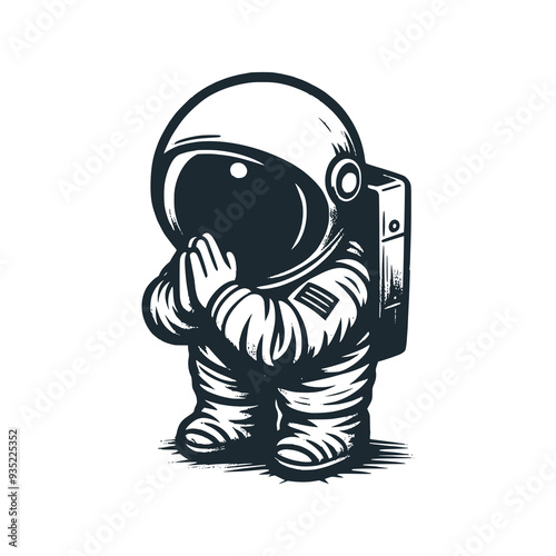 Cute astronaut apologizes. Black white vector icon and logo illustration.