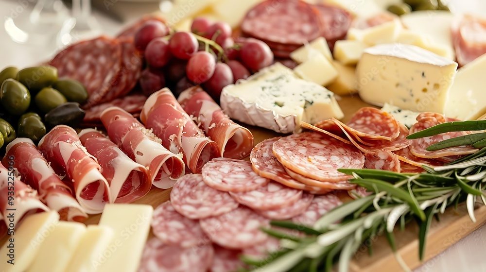A detailed shot of a gourmet charcuterie board with various cheeses and meats, displayed on a white surface. A detailed shot of a gourmet charcuterie board with various cheeses and meats, displayed on a white surface.