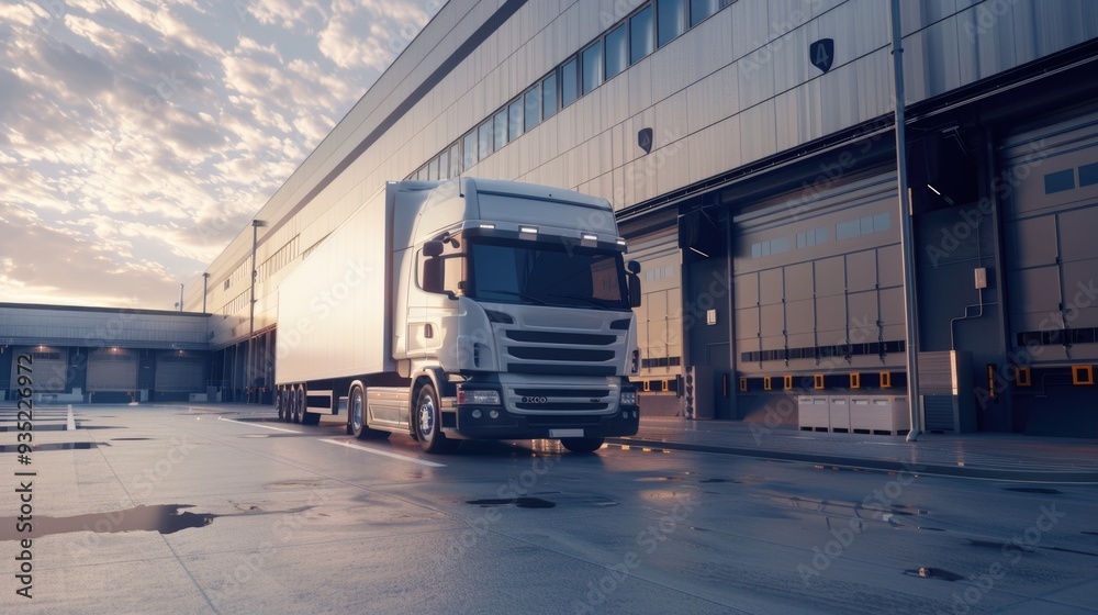 Naklejka premium Truck driving on highway with beautiful scenery, Logistics delivery scene