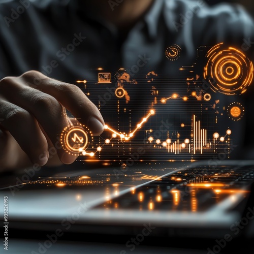 Productivity enhancement concept, businessman with laptop and productivity icon, aiming for efficiency and lean cost in industrial processes photo