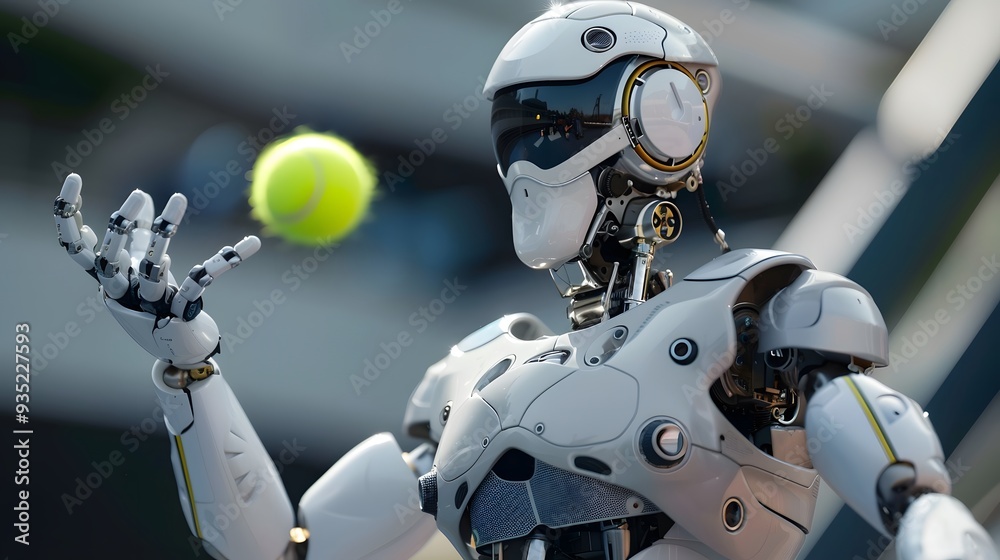 Fototapeta premium Robot Tennis Player Serving: An advanced robot in perfect form, serving a tennis ball with precision and power. 