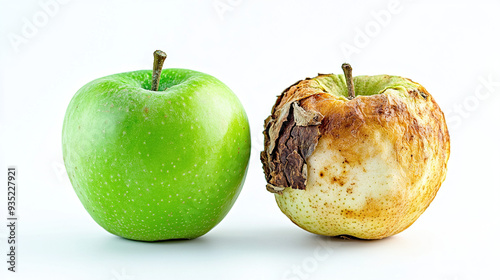 Green apple and rotten apple comparison photo