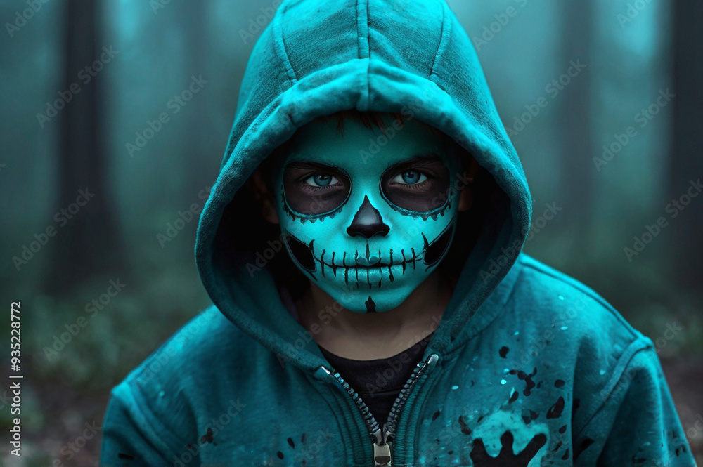 Portrait of Fictional Boy with Scary White Skull Mask and Blue Hoodie - Dark Fantasy Art Portrait of Fictional Boy with Scary White Skull Mask and Blue Hoodie - Dark Fantasy Art