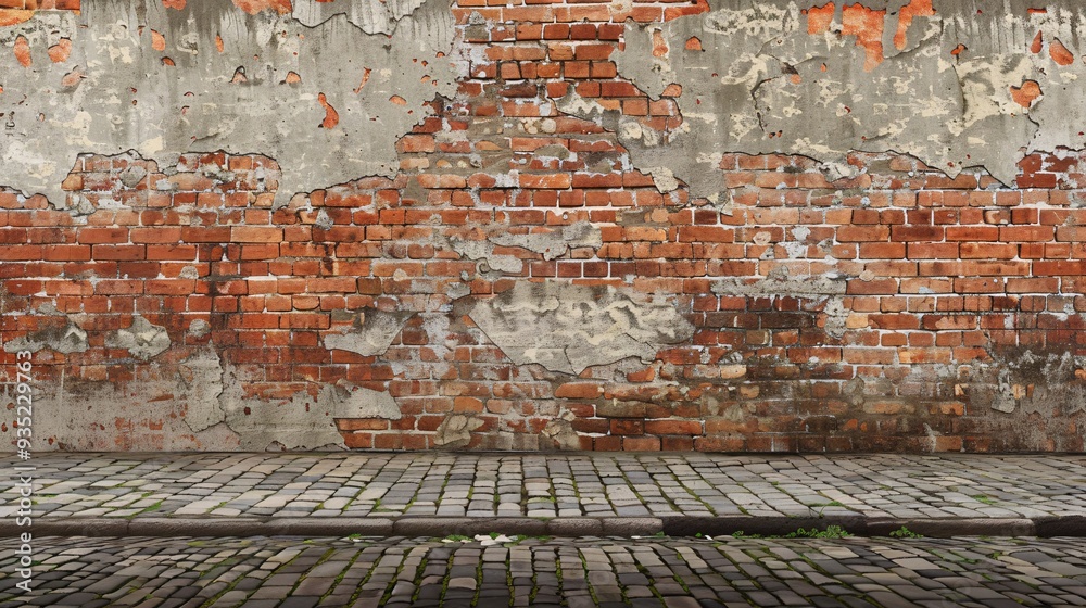 A wide view of a weathered, rough red clay brick barrier beside a cobblestone pathway. A wide view of a weathered, rough red clay brick barrier beside a cobblestone pathway.